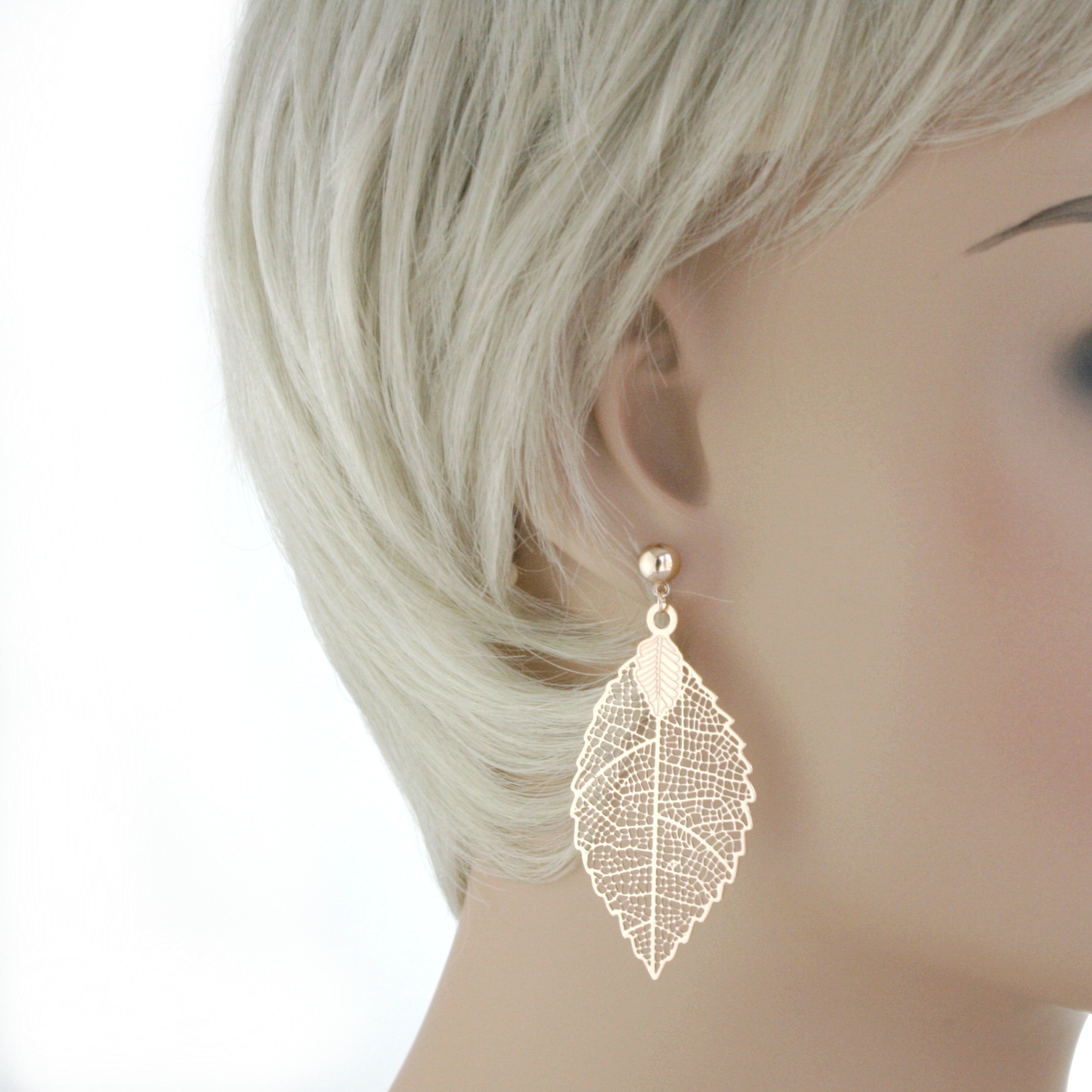 Skeleton Leaf Gold Tone Brass Fashion Earrings