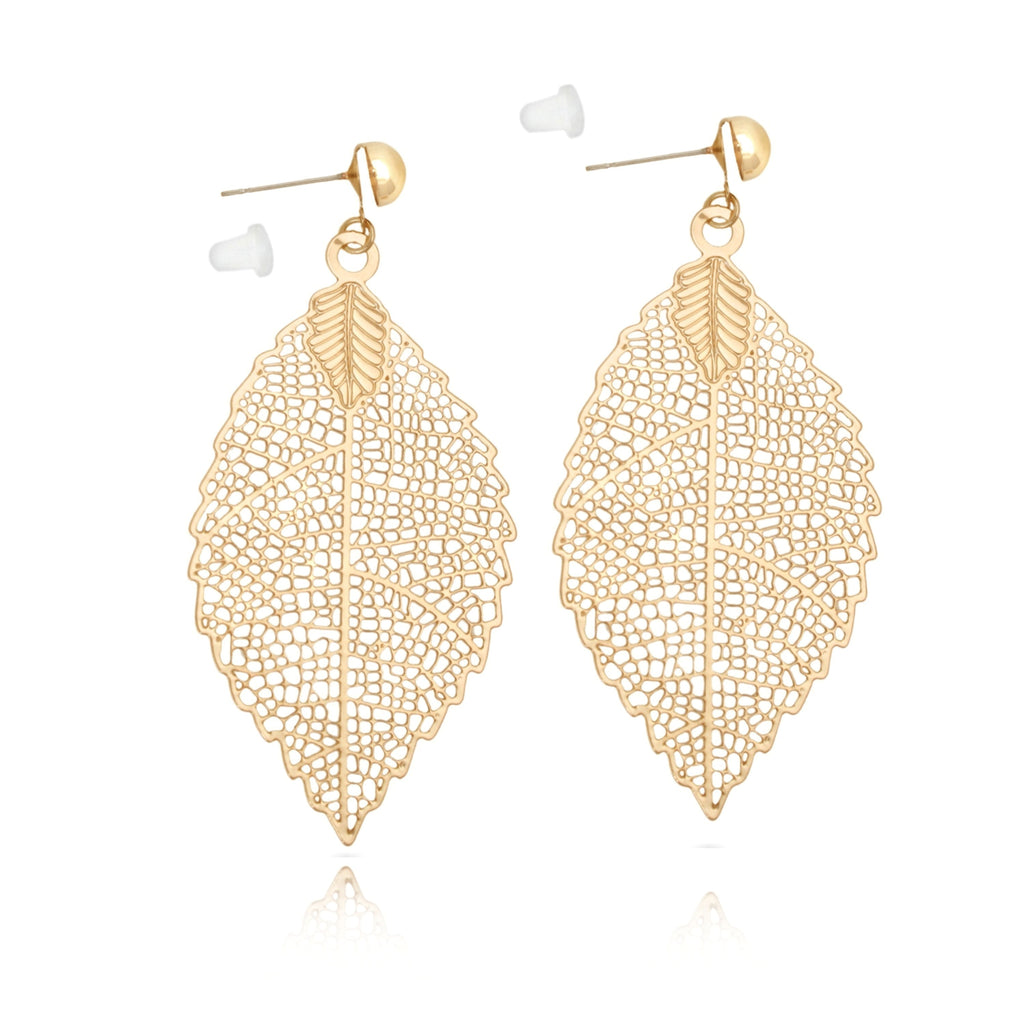 Skeleton Leaf Gold Tone Brass Fashion Earrings