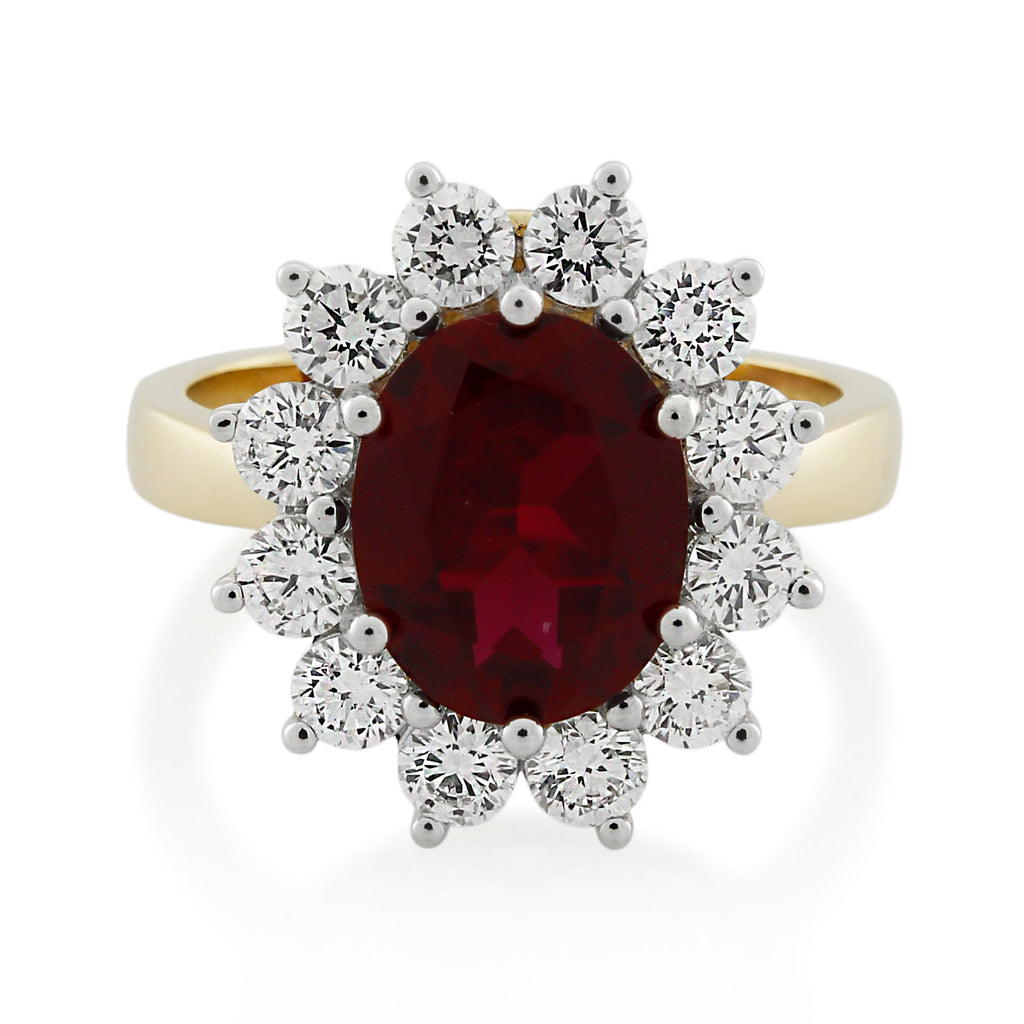 9ct Yellow Gold Created Ruby & Diamond Cluster Ring 1.20ct TW
