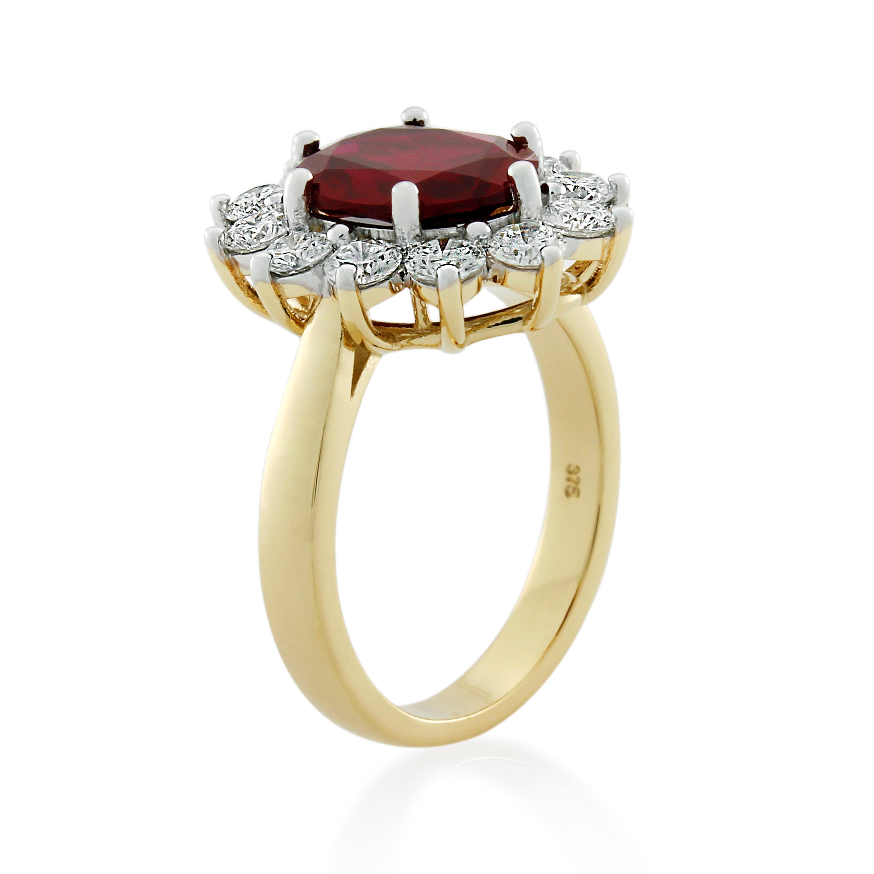 9ct Yellow Gold Created Ruby & Diamond Cluster Ring 1.20ct TW