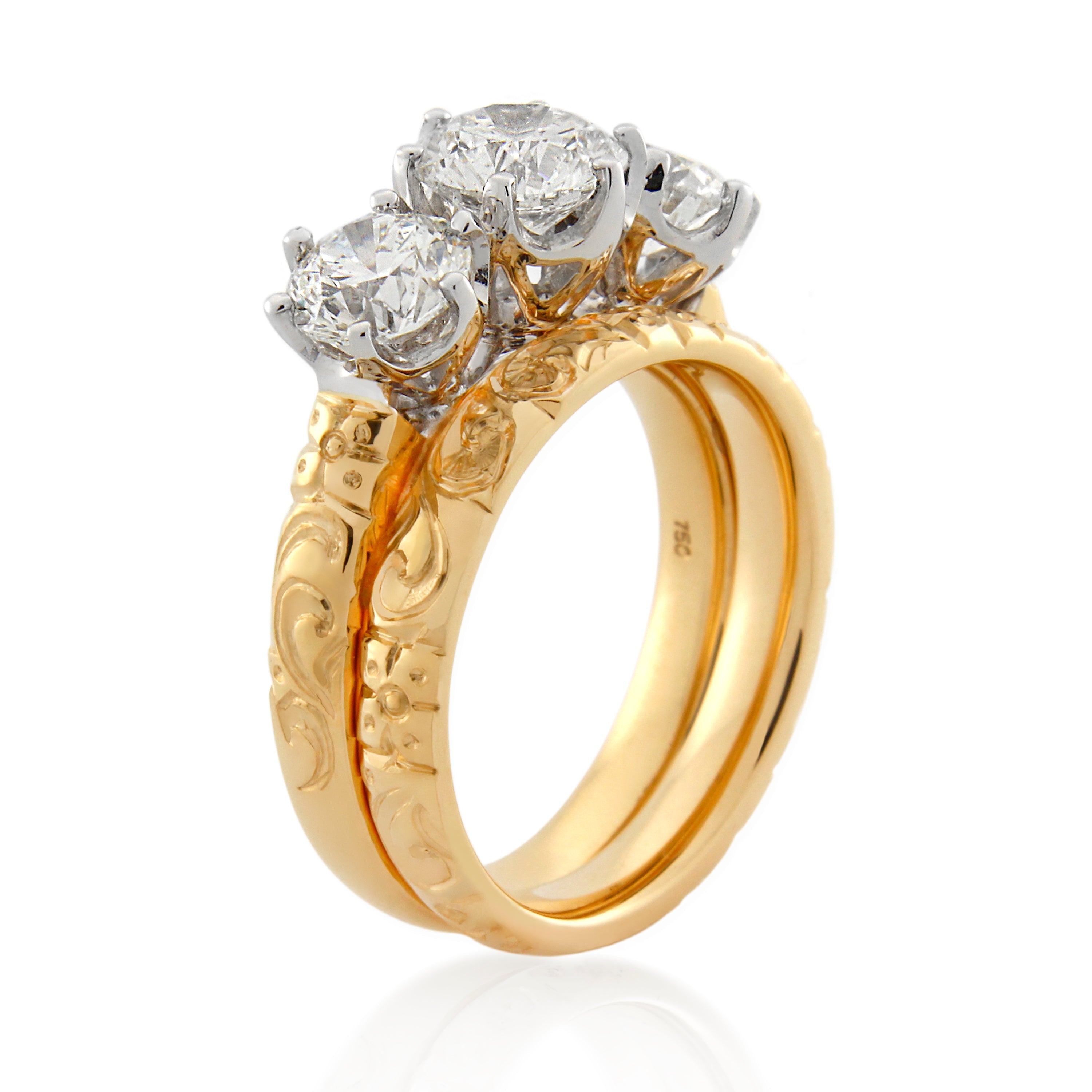 18ct Yellow Gold 3 Stone Bridal Ring Set 2.60ct TW