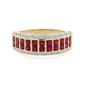 9ct Yellow Gold Created Ruby & Diamond Ladies Ring