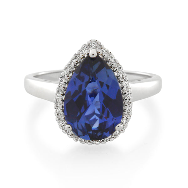 9ct White Gold Created Blue Sapphire & Diamond Ring