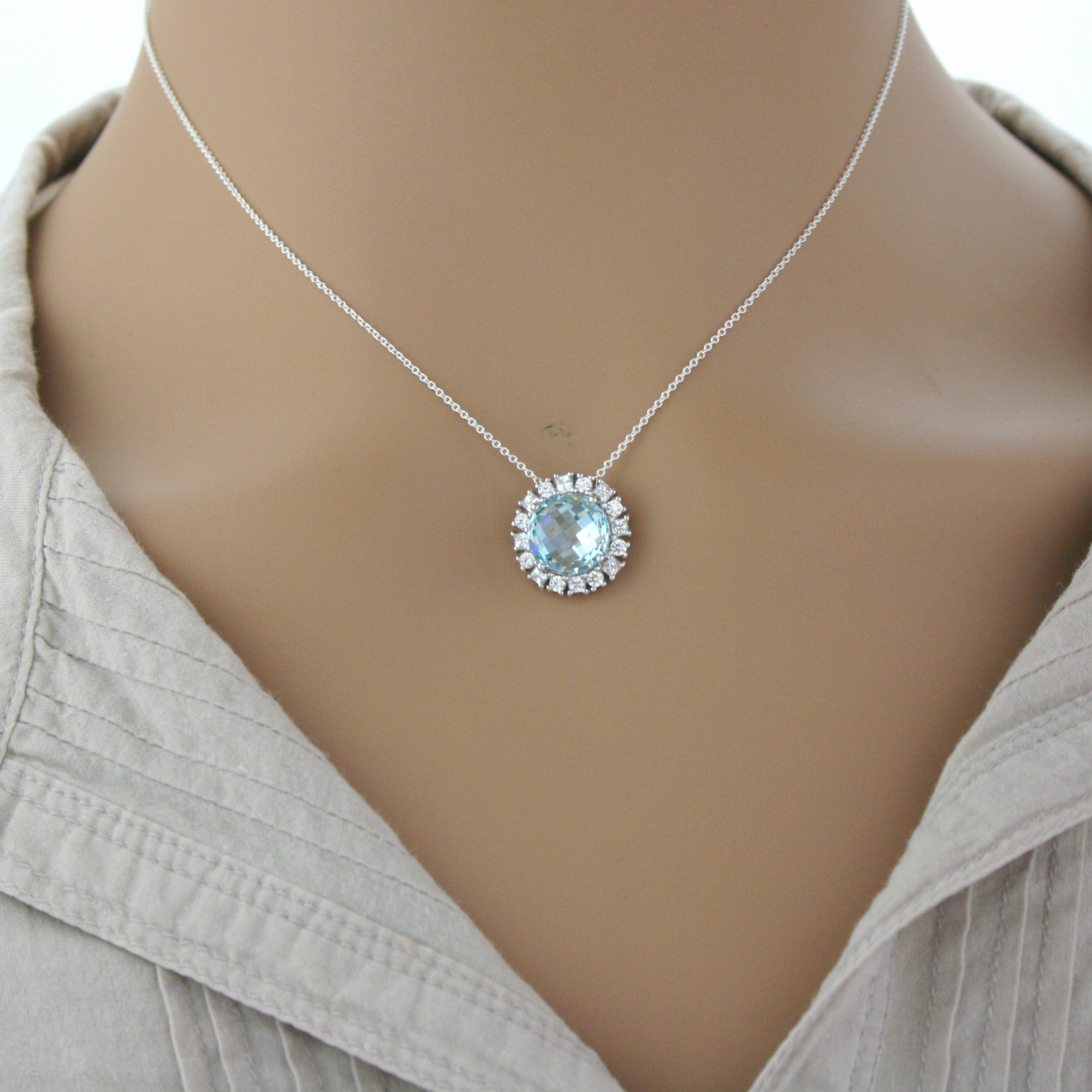 9ct White Gold Created Aquamarine and Cubic Zirconia Pendant