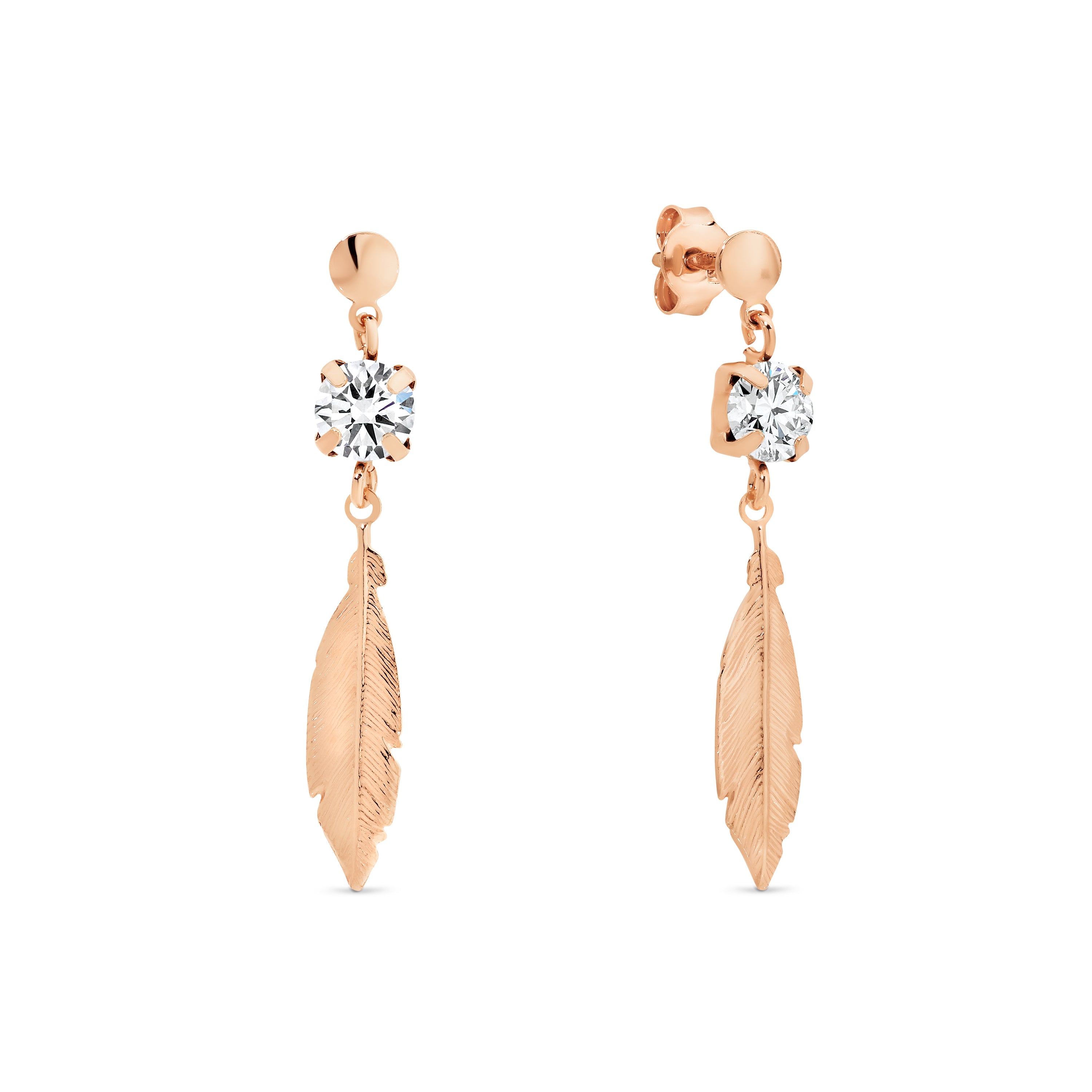 Sterling Silver Rose Gold Plated Feather Stud Earrings, by Davvero with Crystals from Swarovski®