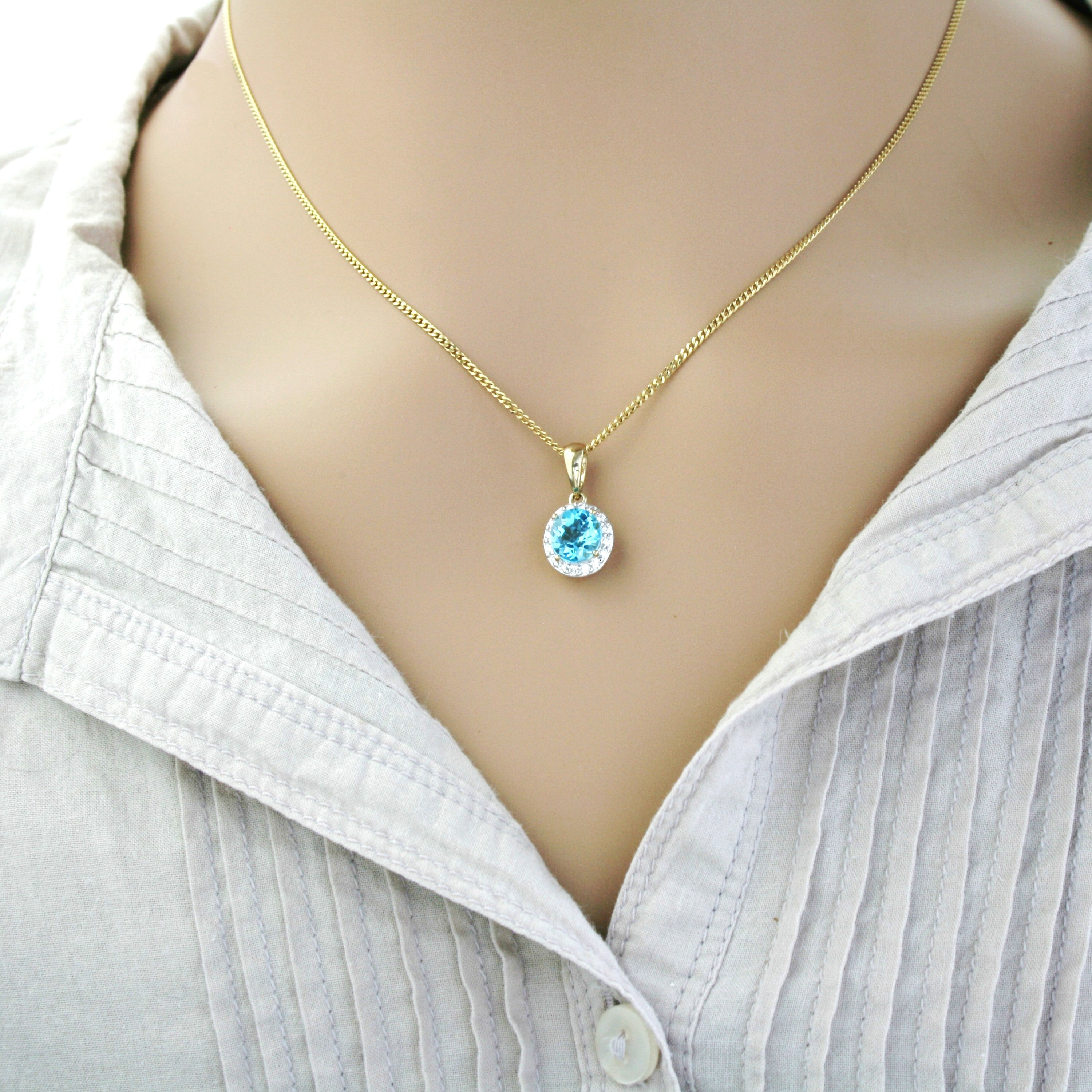 9ct Gold Round Blue Topaz & Diamond Pendant