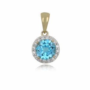 9ct Gold Round Blue Topaz & Diamond Pendant