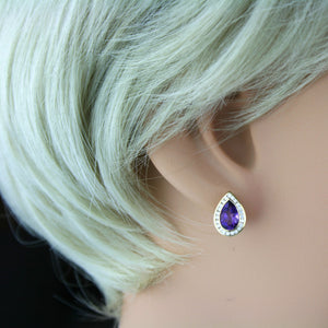 9ct Dark Amethyst & Diamond Pear Shaped Earrings