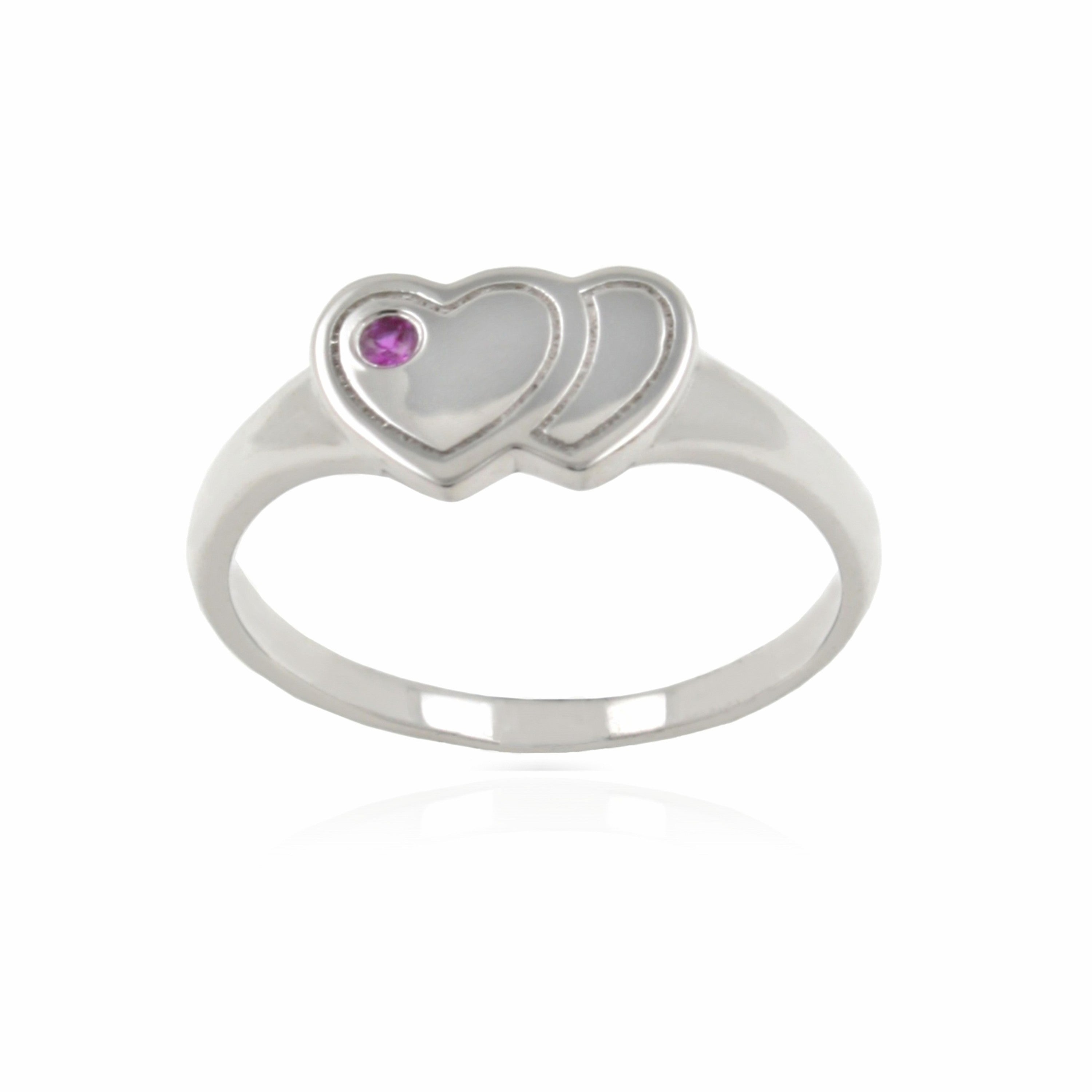 Sterling Silver Created Ruby Double Outline Heart Signet Ring