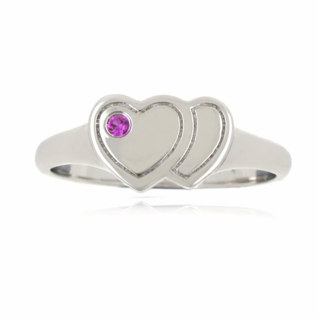 Sterling Silver Created Ruby Double Outline Heart Signet Ring