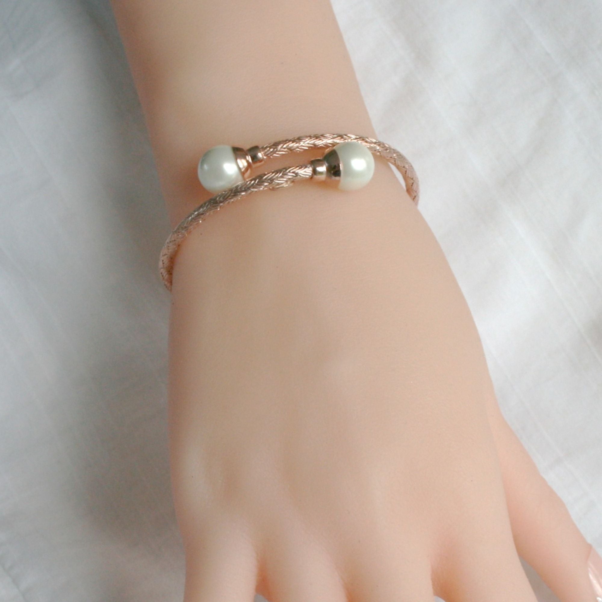 Sterling Silver Rose Gold Plated Pearl Torque Bangle