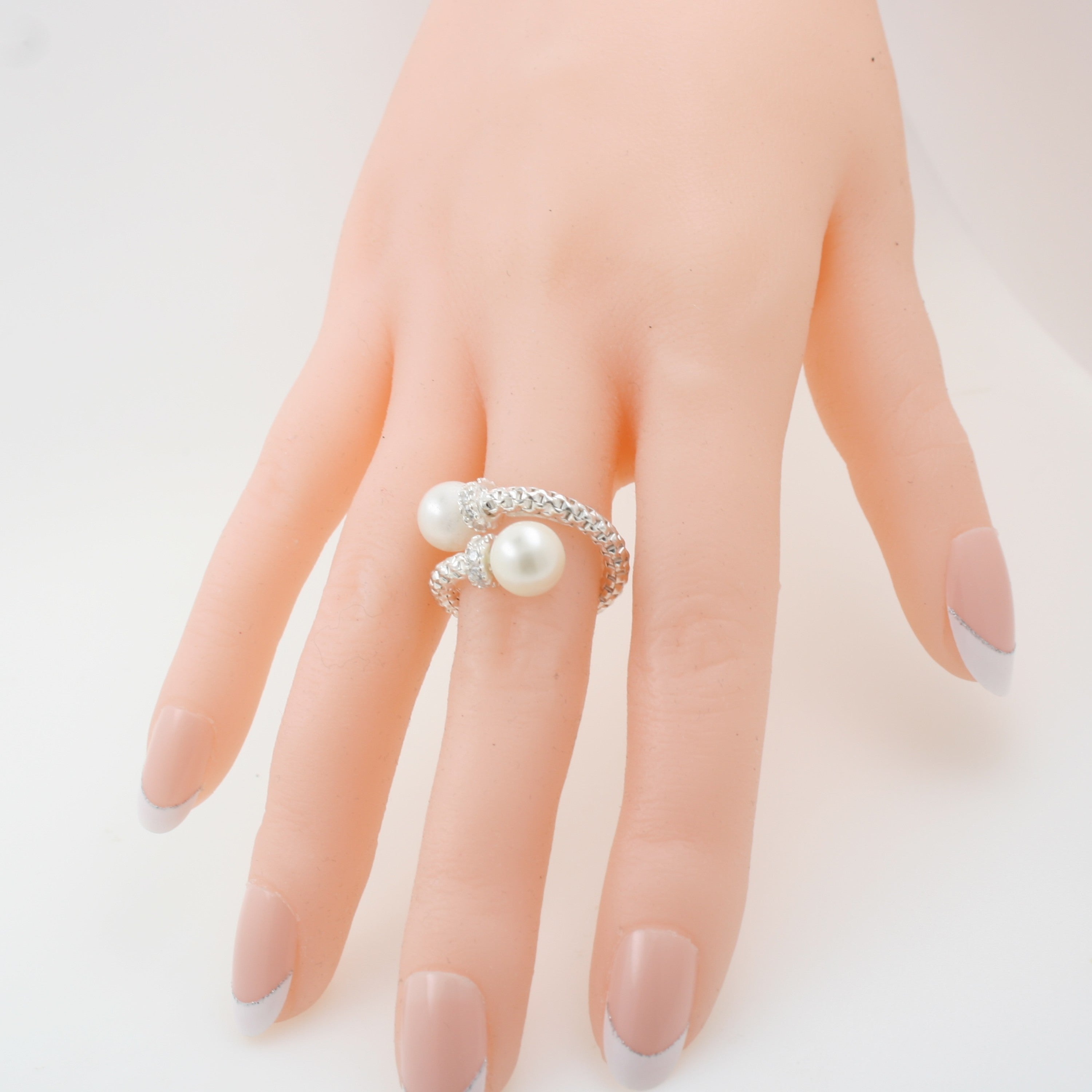 Sterling Silver Pearl & Crystal Crossover Ring