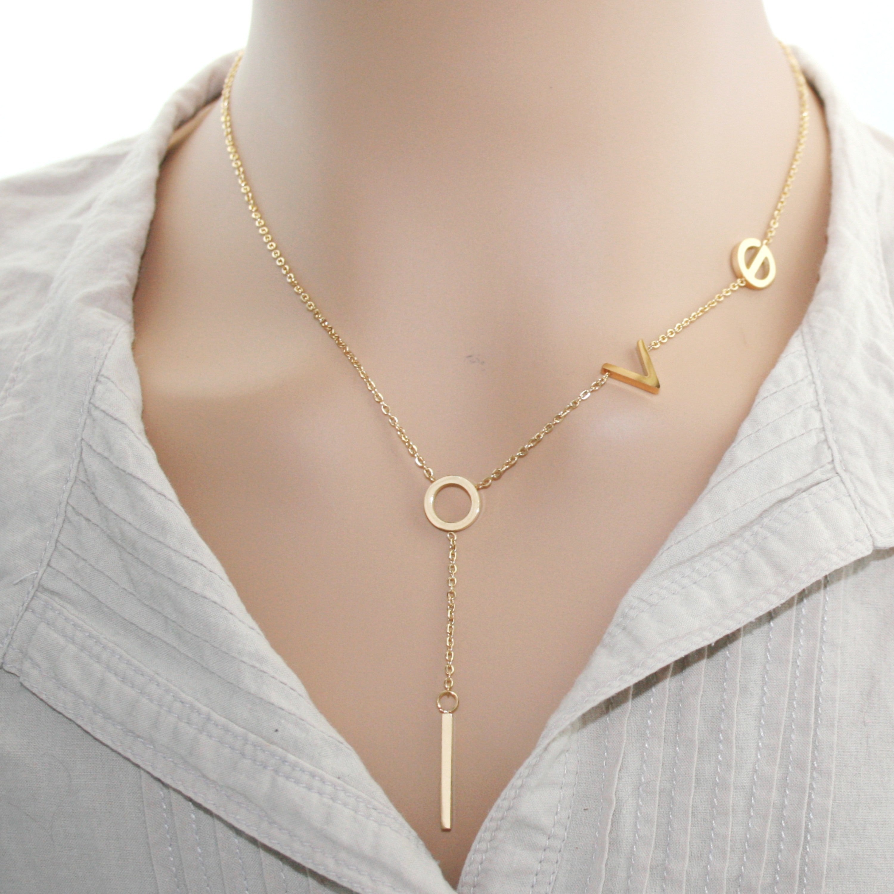 Stainless Steel  Gold Tone Lariat Style Bar Necklace