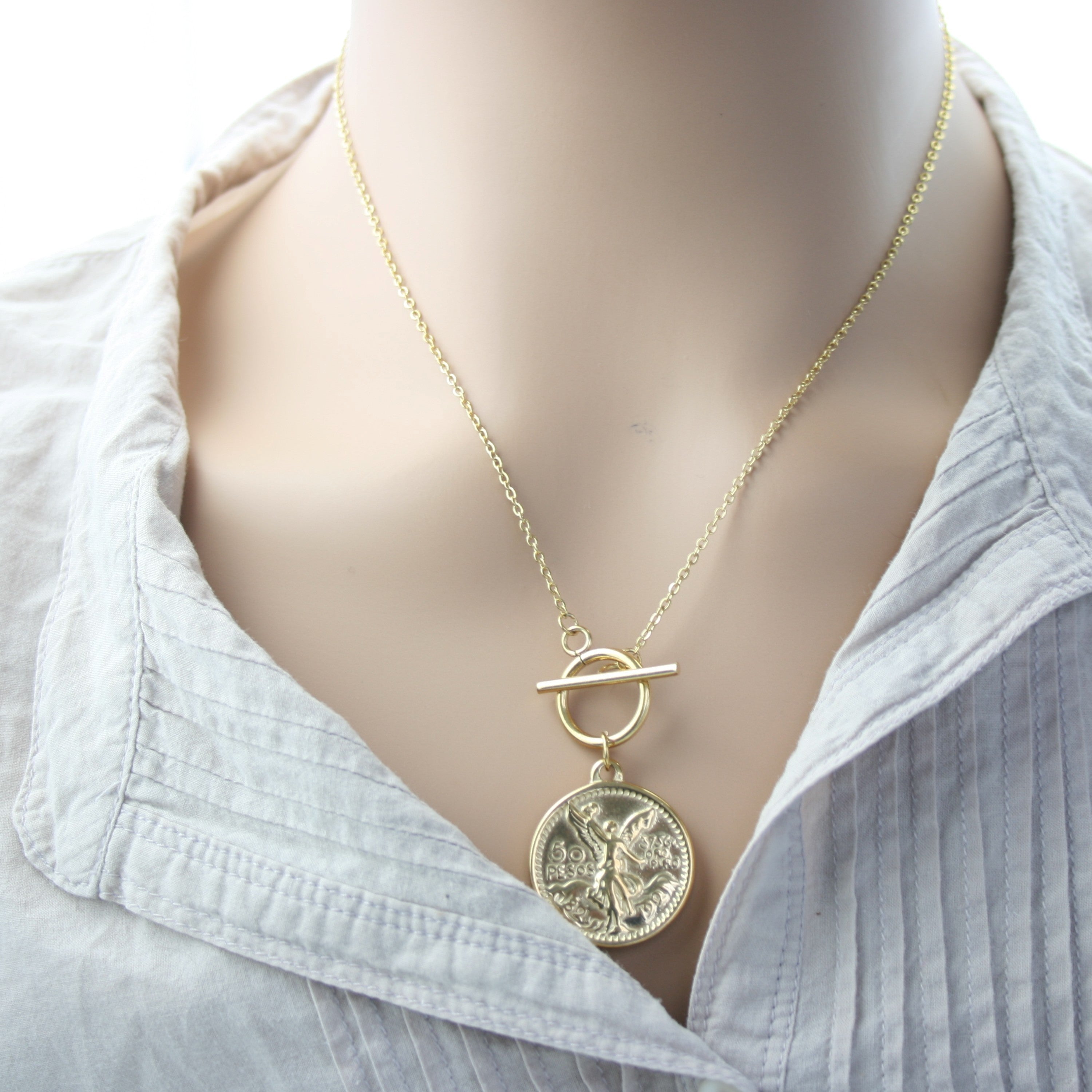 Stainless Steel Gold Tone Fob Coin Necklace