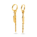 Stainless Steel  Gold Tone Sleeper Feather & Chain Drop Earrings