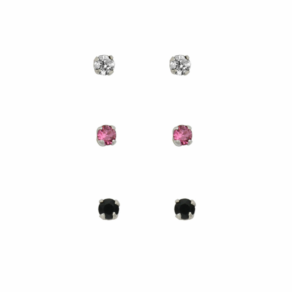 Sterling Silver Petite Set of 3 Stud Earrings, Clear, Pink & Black