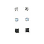 Sterling Silver Petite Set of 3 Stud Earrings, Clear, Blue & Black