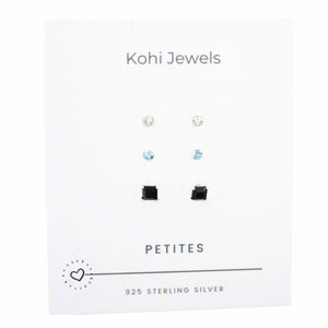 Sterling Silver Petite Set of 3 Stud Earrings, Clear, Blue & Black