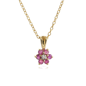 9ct Gold Natural Ruby & Diamond Flower Pendant