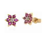 9ct Gold Natural Ruby & Diamond Flower Earrings