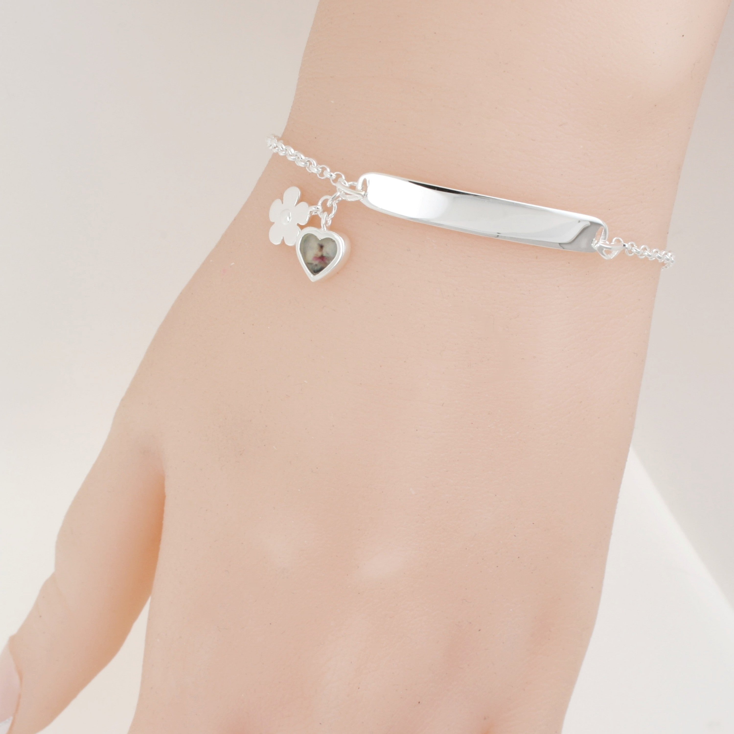 Sterling Silver ID Heart & Flower Bracelet