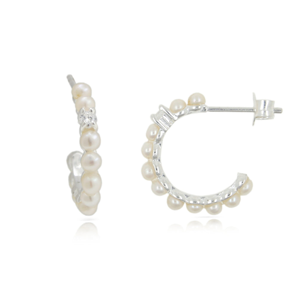 Sterling Silver Pearl & CZ Stud Hoop Earrings