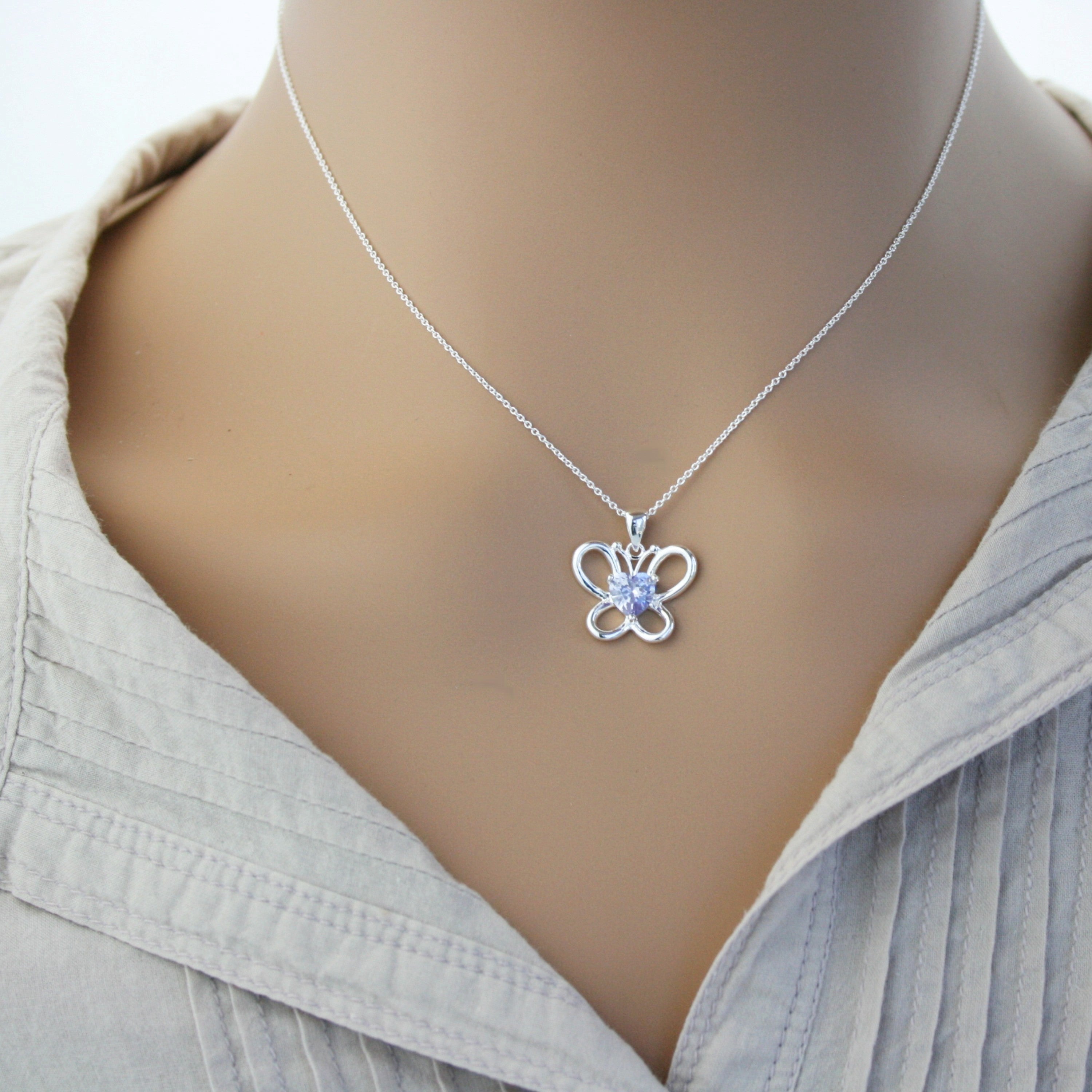 Sterling Silver Lavender CZ Butterfly Pendant & Chain