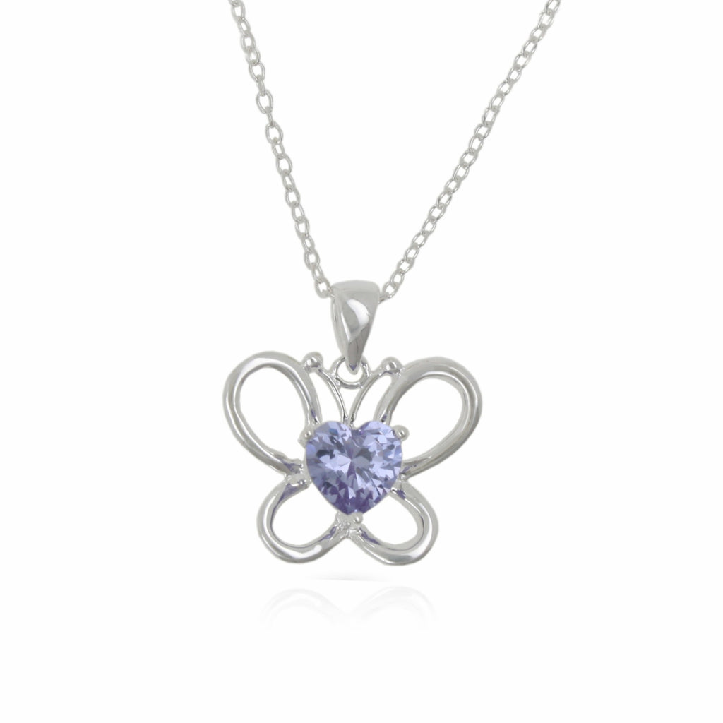 Sterling Silver Lavender CZ Butterfly Pendant & Chain