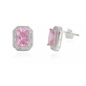 Sterling Silver Pink CZ Halo Stud Earrings