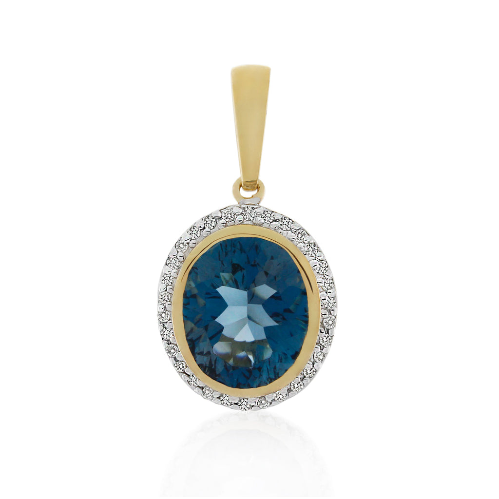 9ct Yellow Gold London Blue Topaz & Diamond Pendant .15ct TW