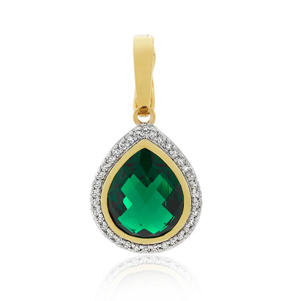 9ct Yellow Gold Created Emerald & Diamond Pendant .17ct TW