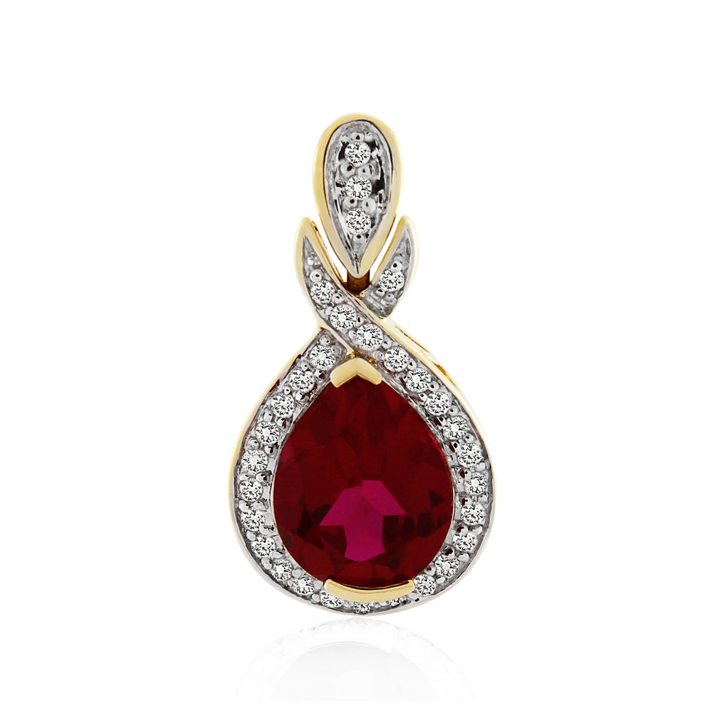 9ct Yellow Gold Created Ruby & Diamond Pendant  .15ct TW