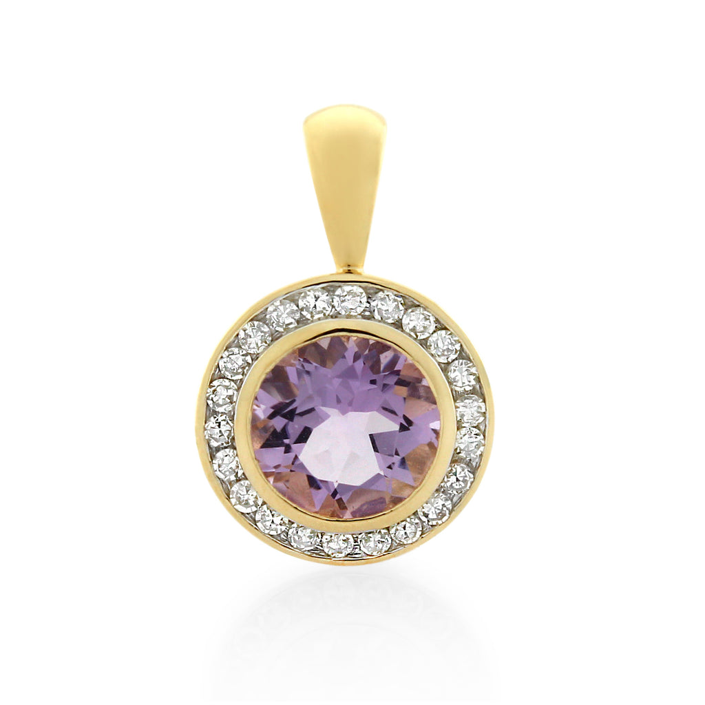 9ct Yellow Gold Pink Amethyst & Diamond  Pendant .18ctTW