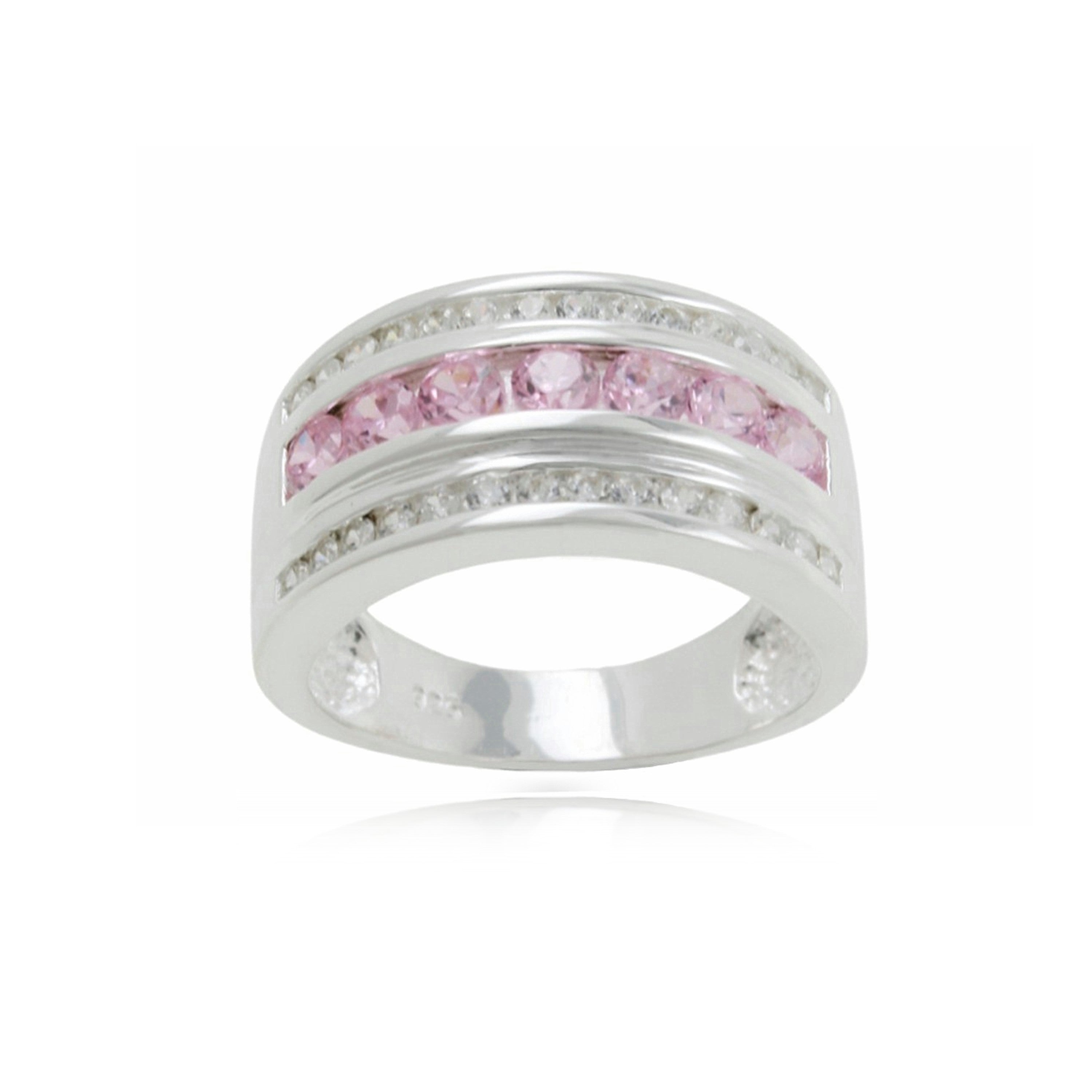 Sterling Silver 3 Row Pink CZ Dress Ring