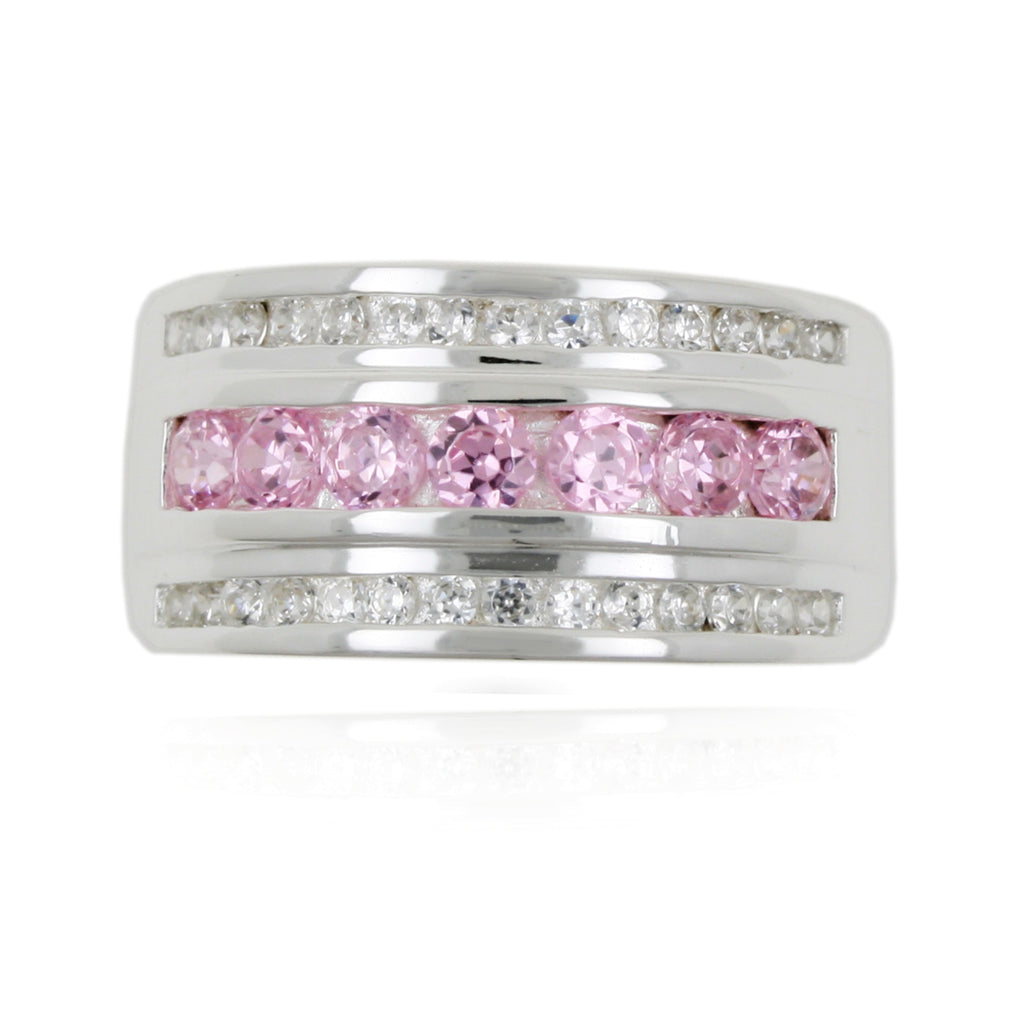 Sterling Silver 3 Row Pink CZ Dress Ring
