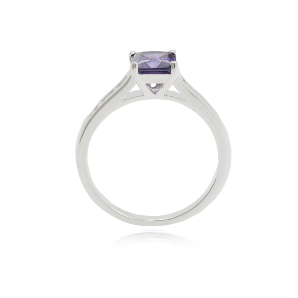 Sterling Silver Amethyst CZ  Princess Cut Ring