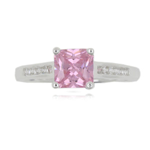 Sterling Silver Pink CZ  Princess Cut Ring