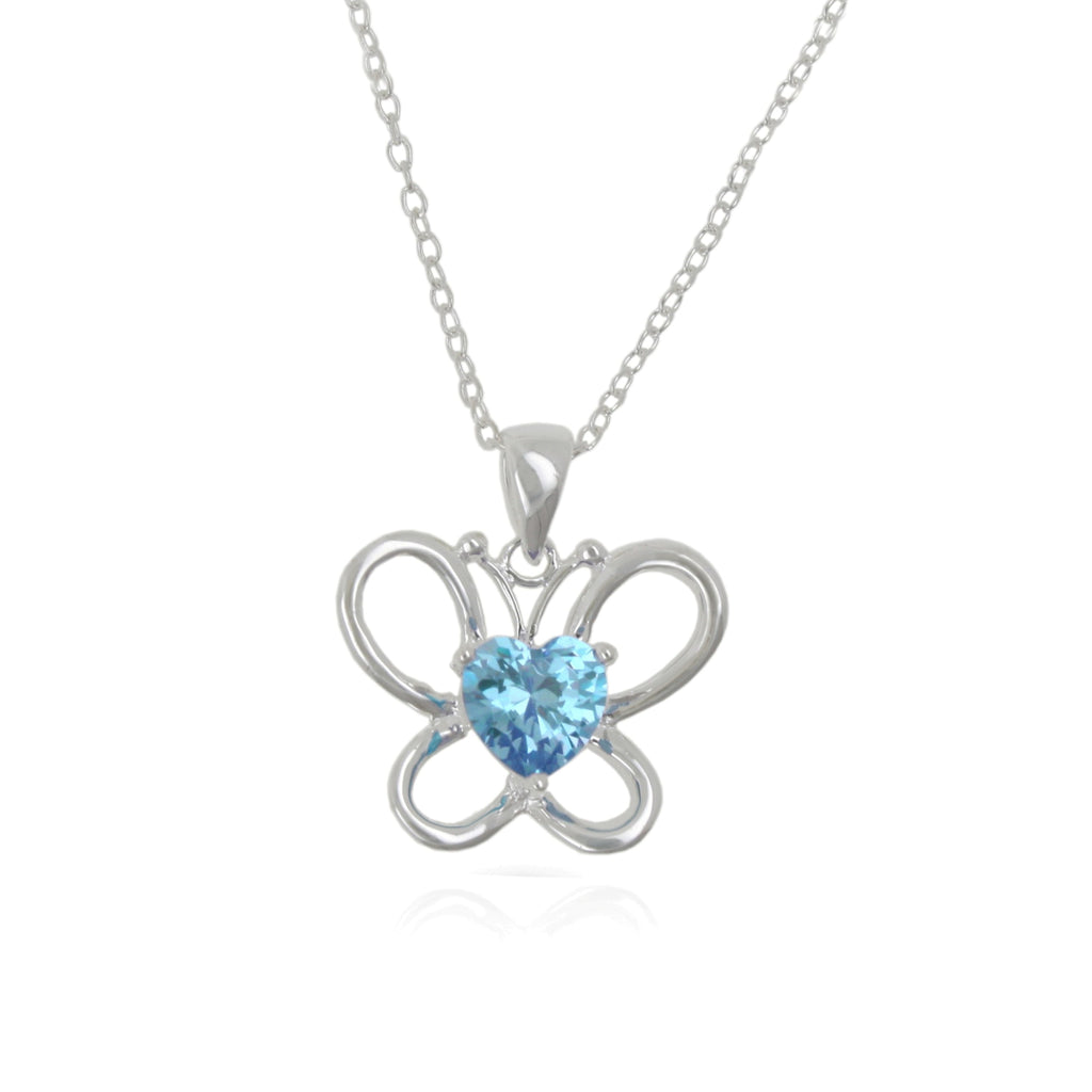 Sterling Silver Aqua CZ Butterfly Pendant & Chain