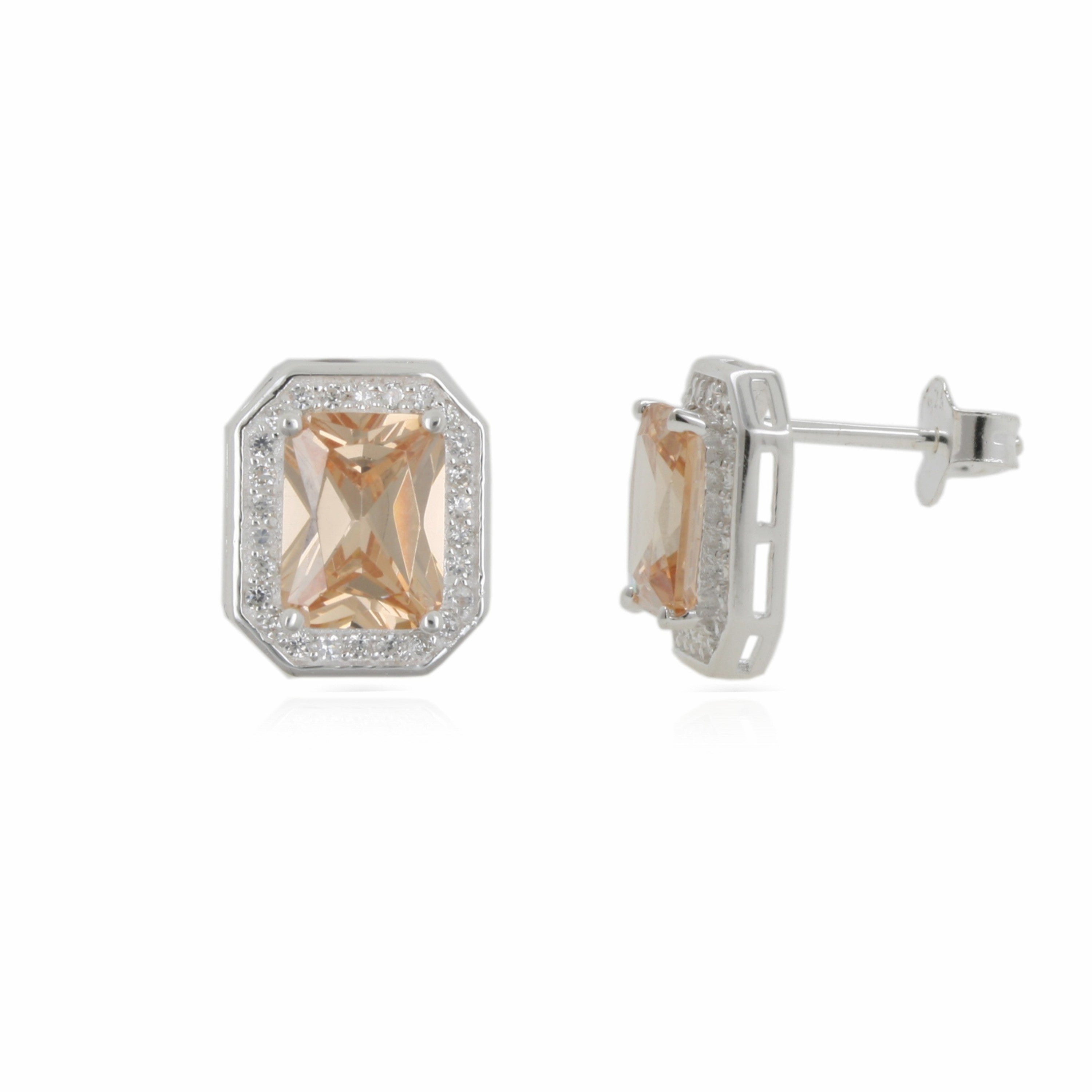 Sterling Silver Champagne CZ Halo Stud Earrings