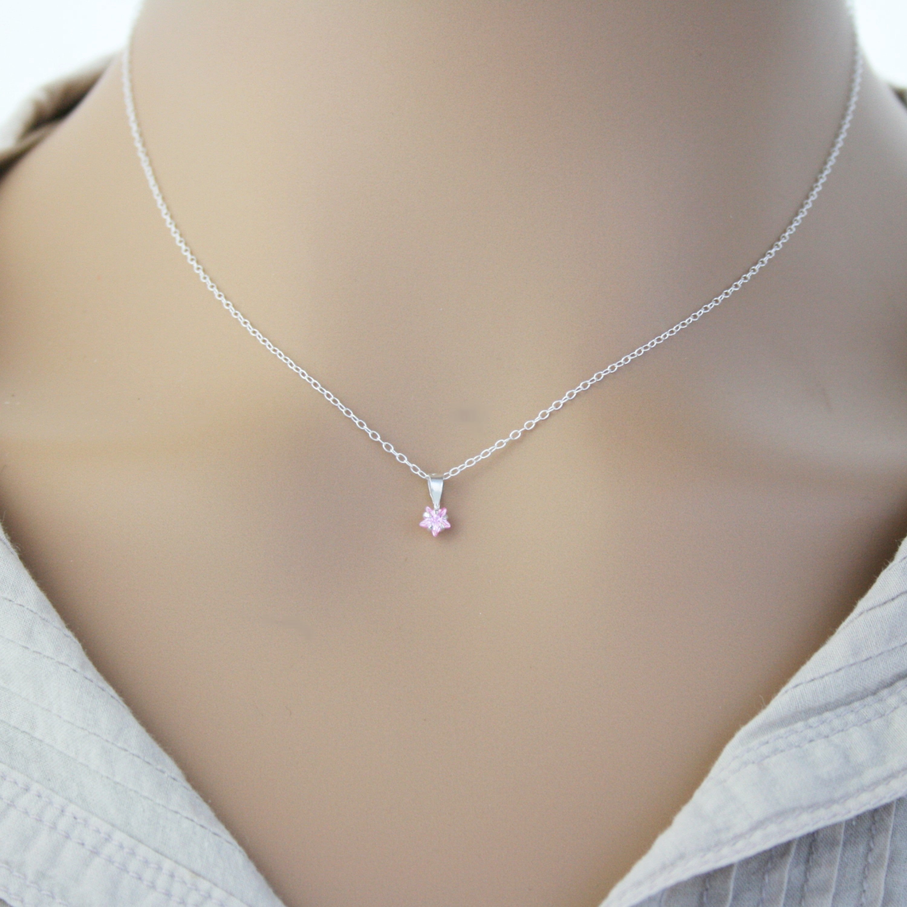Sterling Silver Pink CZ Star Pendant & Chain