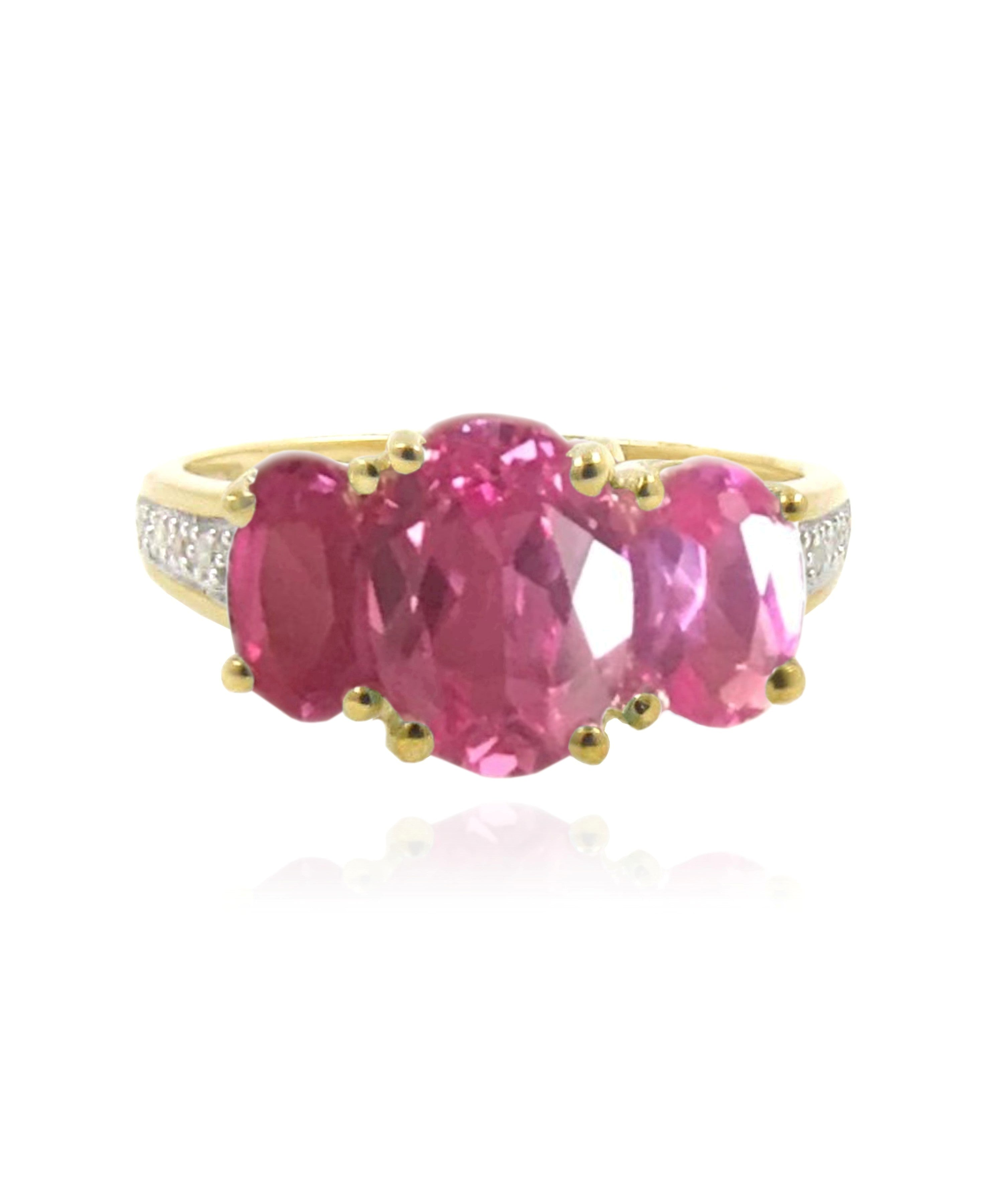 9ct Gold Created Pink Sapphire & Diamond 3 Stone Ring