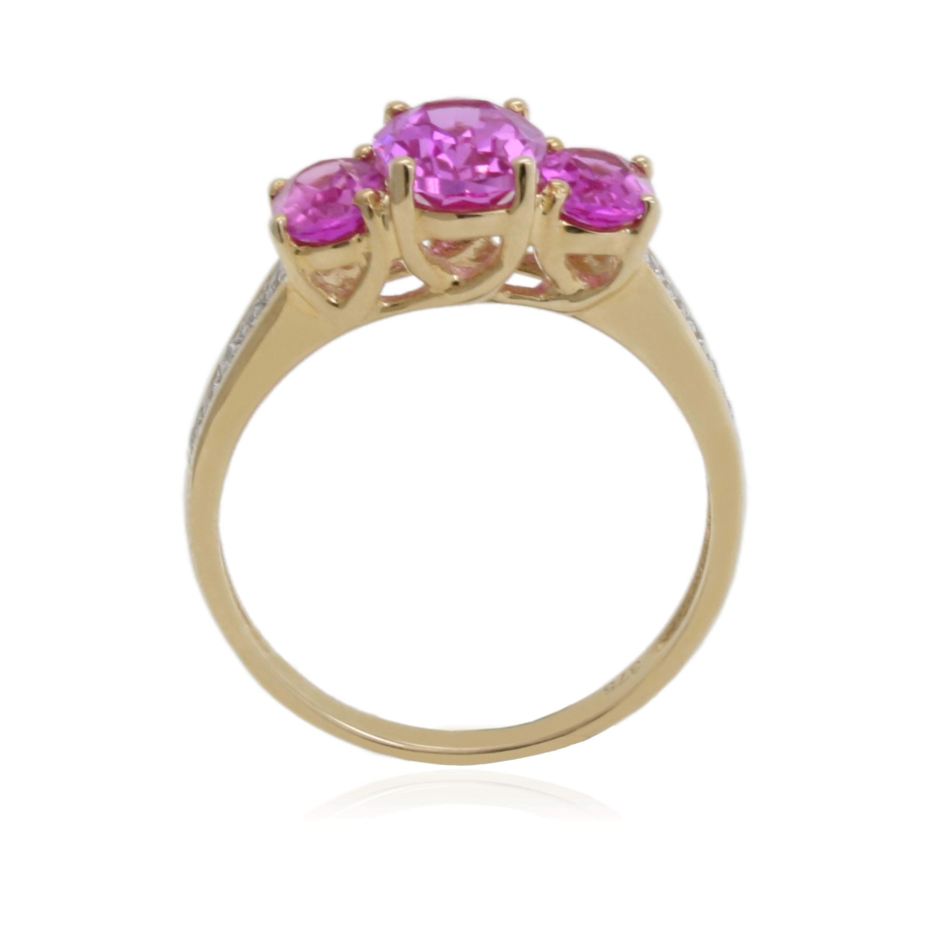 9ct Gold Created Pink Sapphire & Diamond 3 Stone Ring