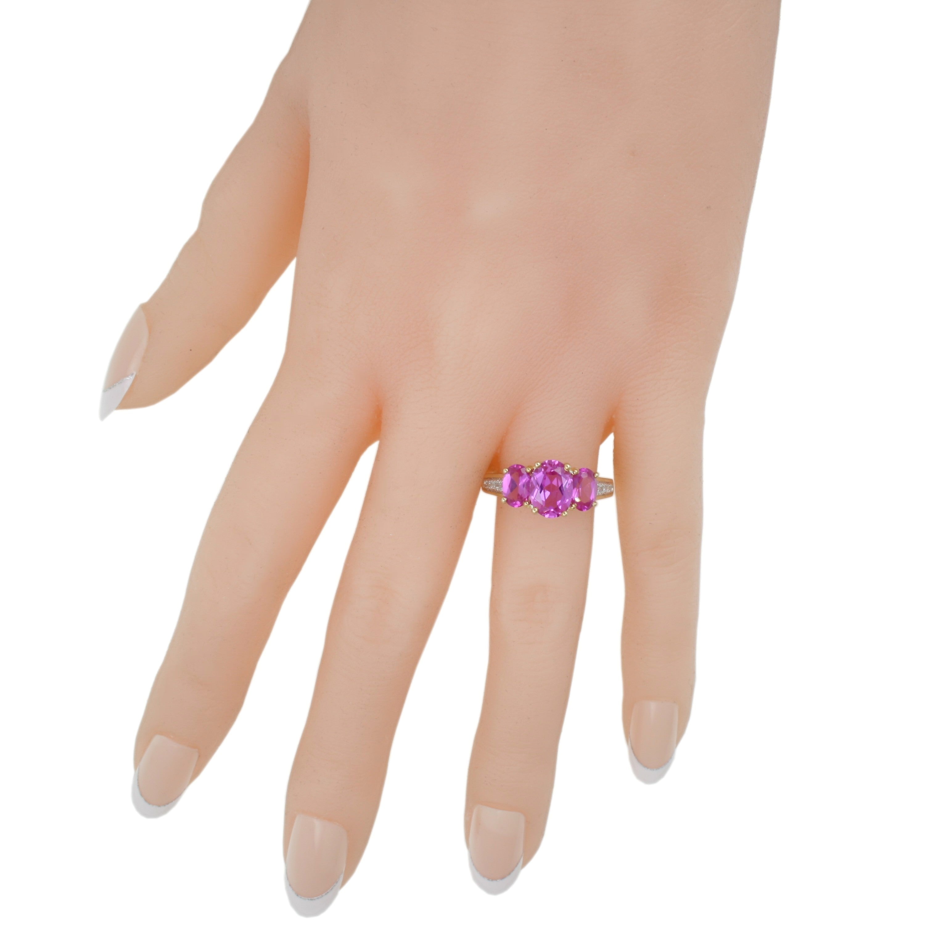 9ct Gold Created Pink Sapphire & Diamond 3 Stone Ring