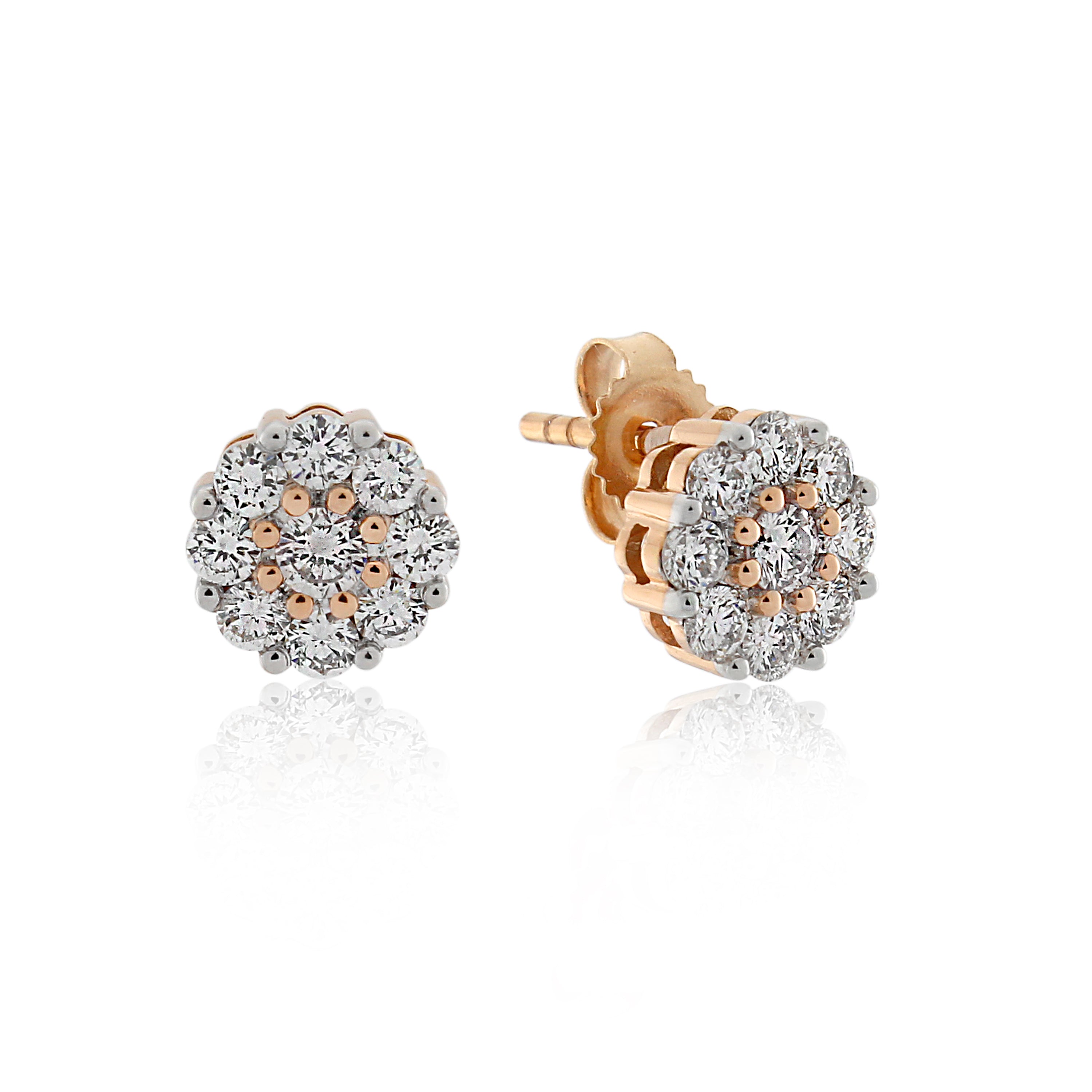 18ct Rose Gold Pink & White Diamond Cluster Earrings .70ct TW