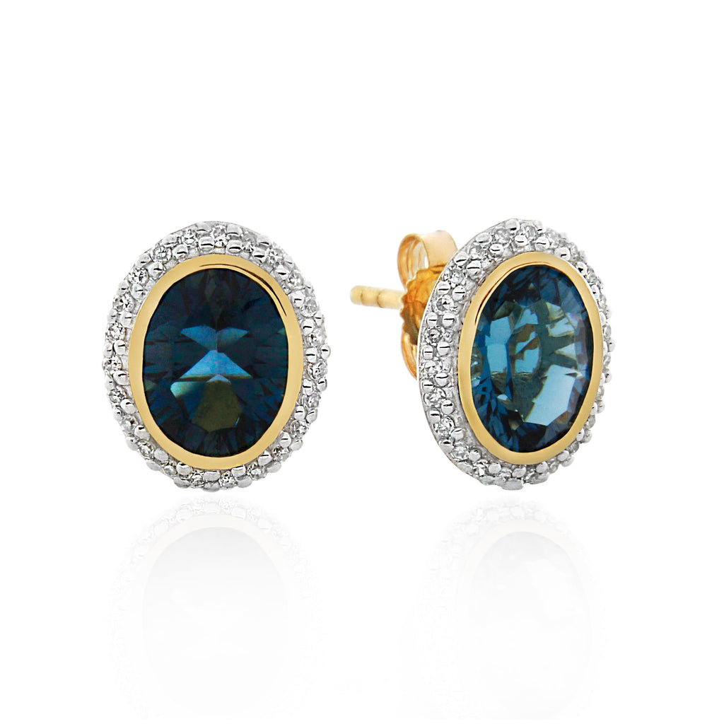 9ct Yellow Gold London Blue Topaz & Diamond Earrings .15ct TW