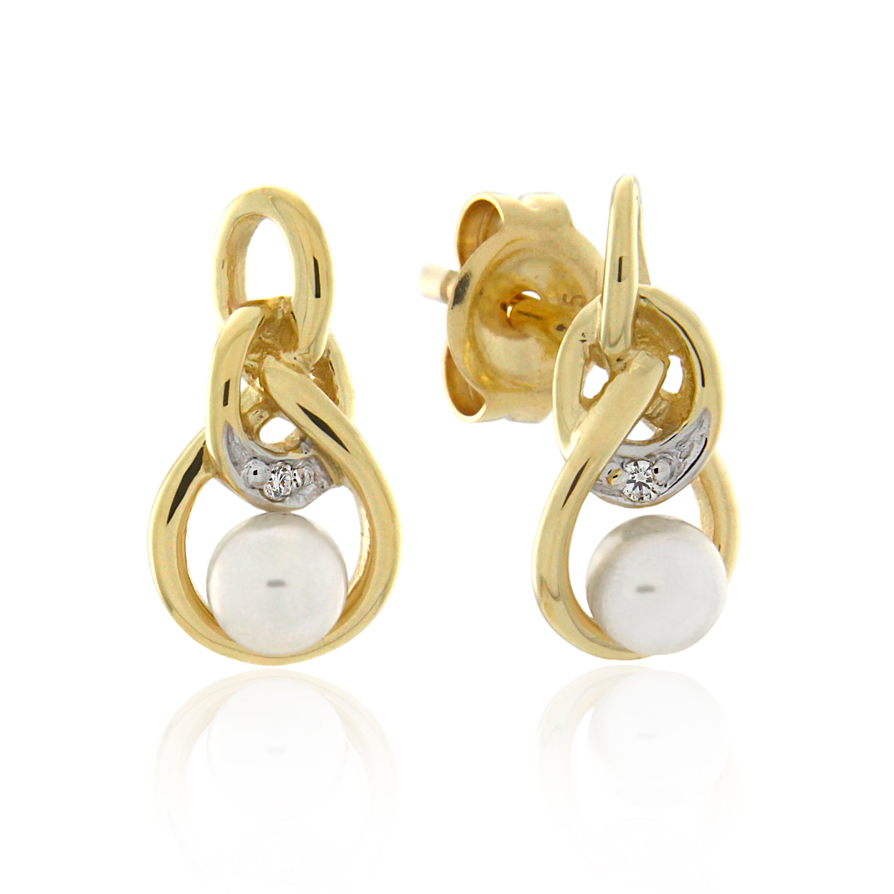 9ct Yellow Gold White Freshwater Pearl & Diamond Earrings