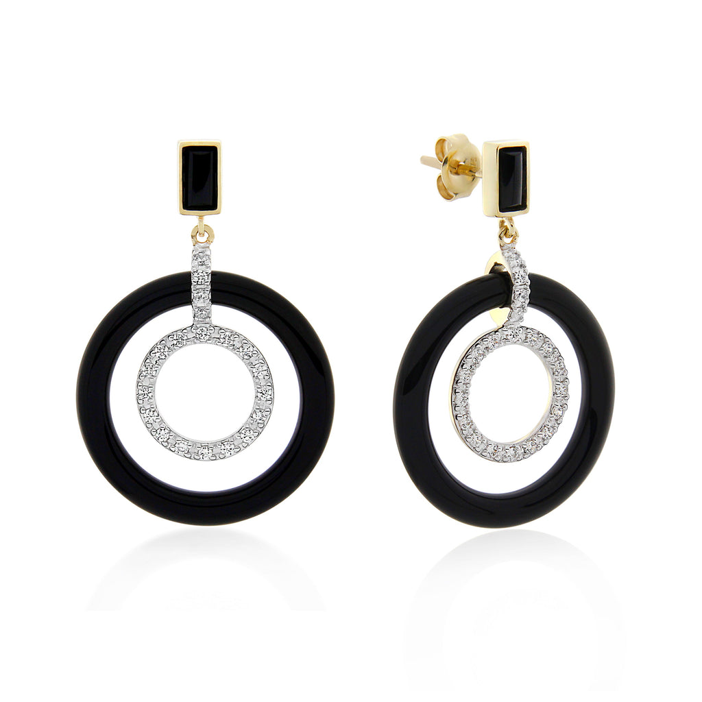 9ct Yellow Gold Onyx & White Cubic Zirconia Earrings