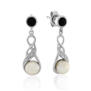 9ct White Gold White Freshwater Pearl, Onyx & Diamond Earrings