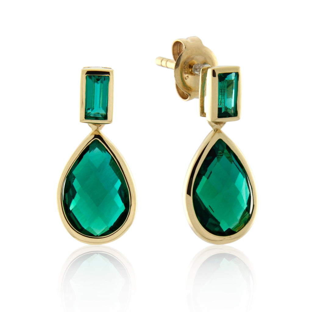 9ct Yellow Gold Created Emerald Pear Shaped Earrings