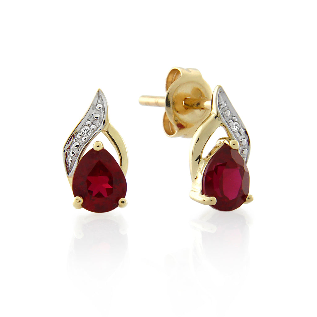 9ct Yellow Gold Created Ruby & Diamond Earrings